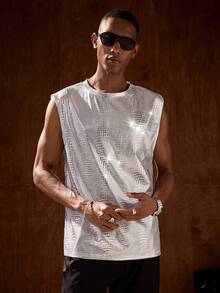 AKNOTIC 男款節日編織蛇紋PU寬帶黑色背心，適用於休閒穿著和音樂節 - 銀色 - 查看 3