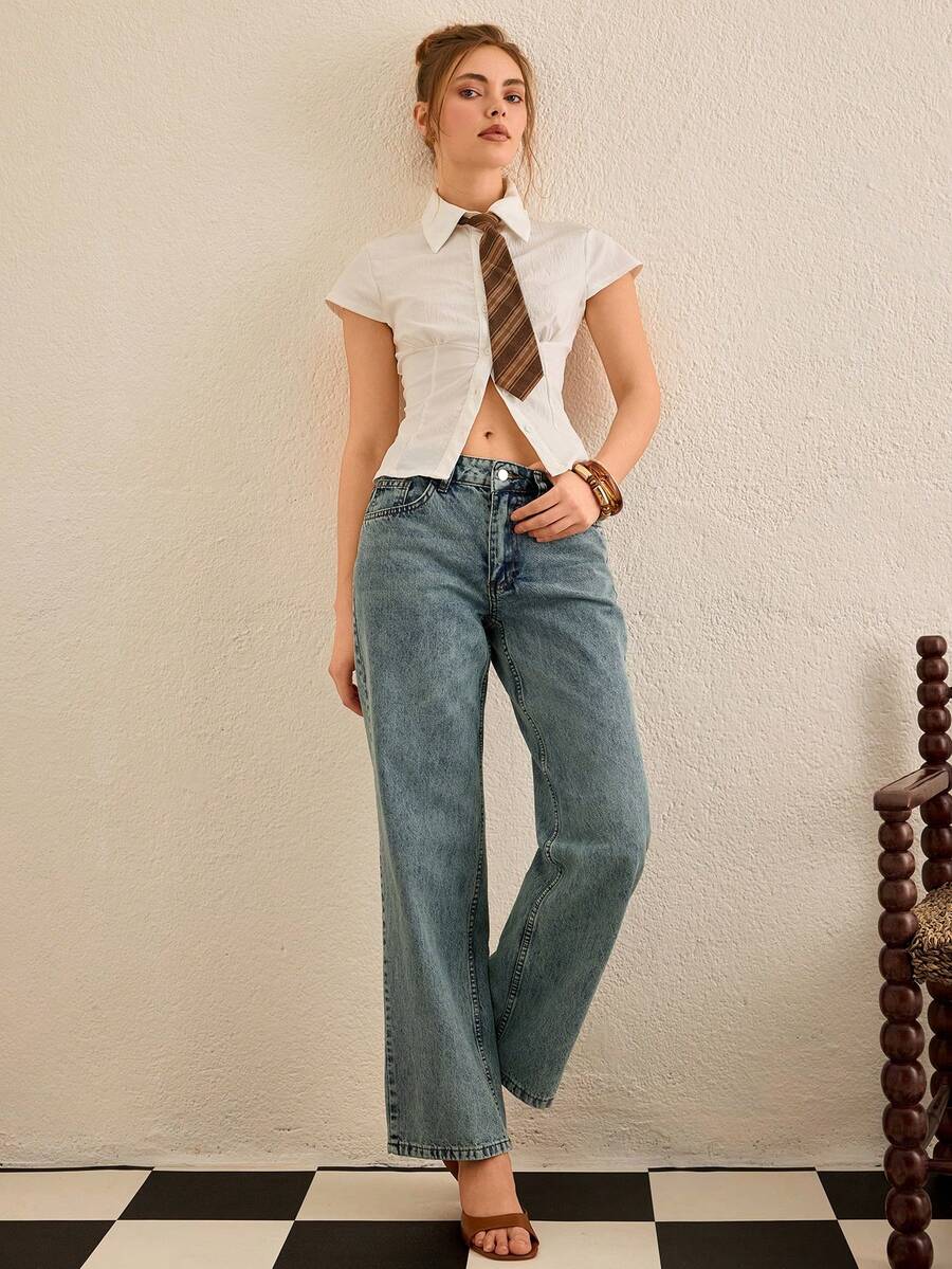 EURMUSE 100% Cotton LOW RISE WIDELEG CUT WHITE JEAN - Light Wash - View 1