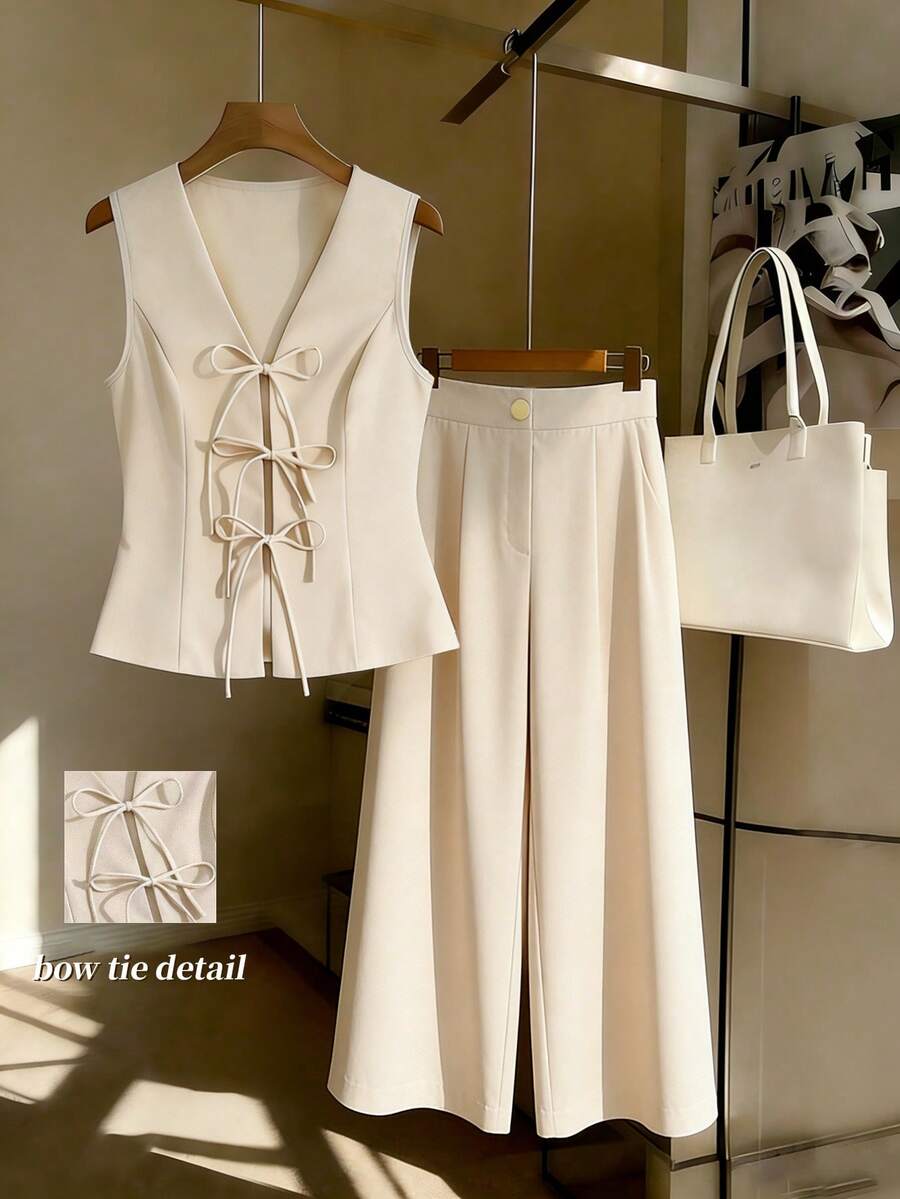 Franclia Women's Casual Fashionable Young Minimalist Versatile Commuting Sleeveless Vest With Drawstring Waist & Bow Tie, Straight Leg Pants 2-Piece Set, Spring/Summer Cream Outfit Women Cream Two Piece Set Elegant Two Piece Set Beige Two Piece Set Sets For Women Elegant Wide Leg Pants Set Bow Detail Top Bow Tie Detail - Apricot - View 1
