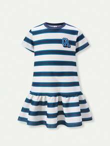 SHEIN Casuvi Kids 女童藏蓝色可爱圆领白色蝴蝶结装饰学院风舒适休闲连衣裙，适合春夏外出穿着 - 彩色 - 查看 2