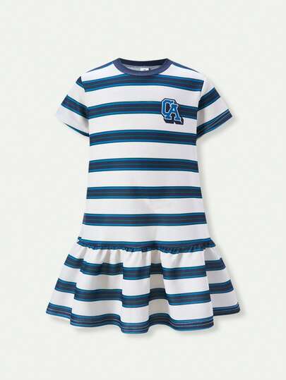 SHEIN Casuvi Kids Young Girls Navy Blue Cute Round Neck White Bow Decor Preppy Style Comfortable Casual Dress, Suitable For Spring/Summer Outings