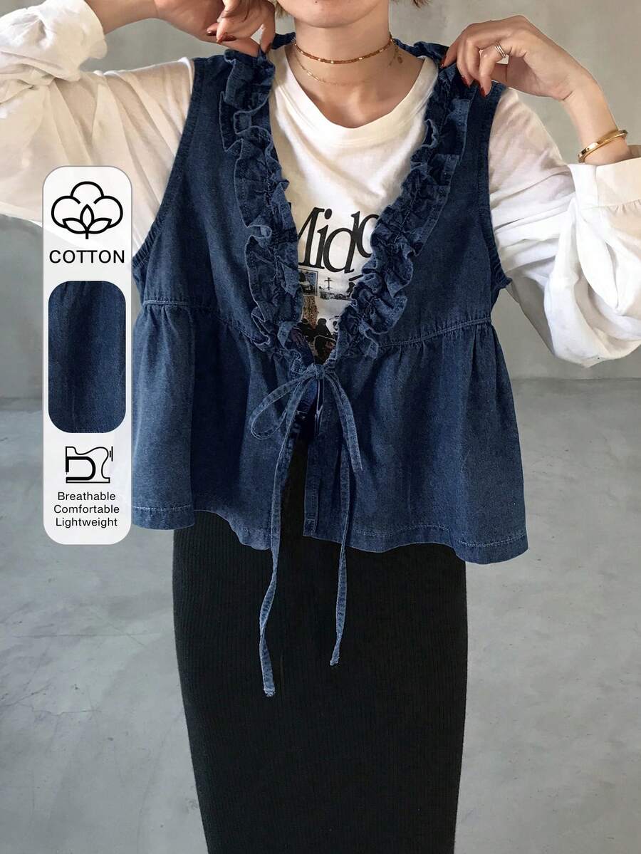 女士荷叶边系带牛仔背心 - 中等水洗藍 - 查看 1