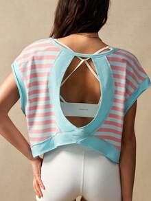 VARSIVA Contrast Stripe Hollow Back Casual Sports T-Shirt - Multicolor - View 1