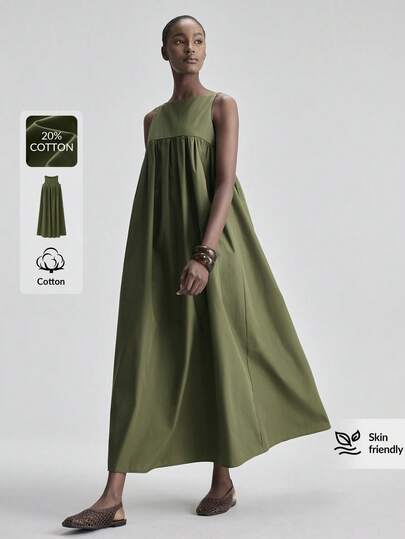Ontre Vestido de mujer de falda acampanada con bolsillos, cuello redondo sin mangas, de tela suave y cómoda en color verde militar. Estilo urbano moderno y elegante para uso casual en la oficina. Diseño vintage de alta gama, de alta calidad para usar como invitada en bodas, cruceros o aeropuertos en Oriente Medio. Vestido largo minimalista y versátil de lujo.