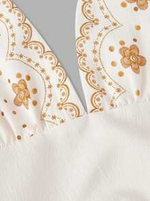 Skyraze Summer Dresses For Women,White And Gold Floral Embroidery Halter Neck Deep V Woven Dress,Tiered Ruffle Scalloped Edge Holiday Casual Party Holiday - Apricot - View 4