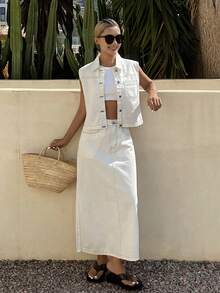 DAZY 女士夏季休闲前扣牛仔背心和牛仔迷你裙套装 - 白色 - 查看 4