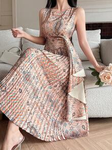 DAZY 女士优雅印花无袖中长连衣裙，适合春夏穿着 - 黃色 - 查看 1