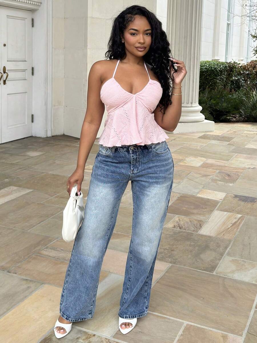 Alexandranx WYWH女士假日紋理灰藍色V領領口蝴蝶結雞尾酒背心 - 粉色 - 查看 1