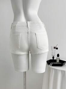 Elamini Quần short denim nữ kiểu dáng thường ngày, đa năng, có túi và dây buộc. - trắng - Xem 2