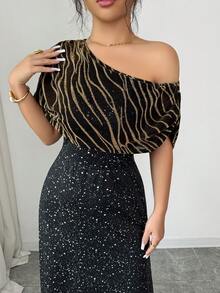 Elenzga 女士优雅箔印斑马纹不对称领连衣裙 - 黑色 - 查看 5