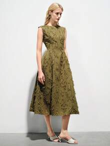Aveloria Modichic Elegant Urban Commuting Dress, Sophisticated Design, Jacquard Fabric, Fringed, Sleeveless, Round Neck, Waist Cinched, Flared Midi Skirt, Slimming - Green - View 3