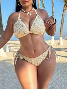 Swim SXY مجموعة بيكيني من قطعتين مقاس كبير، بيكيني مزين بالأصداف، مناسب للصيف والعطلات الشاطئية - لون مشمشي - مشاهدة 1
