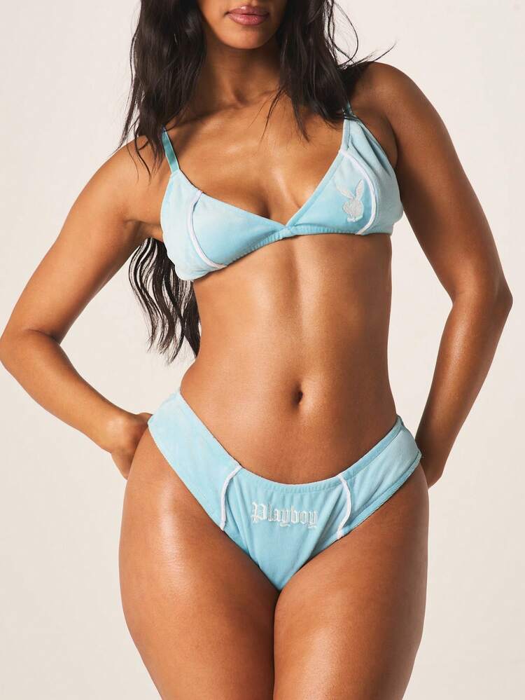 Missguided x Playboy Velour Triangle Bralette And High Waisted Panty Set With Contrast Piping Detail For Intimate Occasions