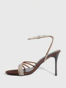 CUCCOO SZL Sandal Hak Tinggi Wanita Ujung Lancip dengan Desain Gesper Berlian Imitasi, Modis dan Elegan, Sepatu Musim Semi - Coffee Brown - View 9