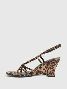 Women's Brown Leopard Print Satin Strappy Buckle Design Comfortable Round Toe Wedge Sandals - Leopard satin - View 5