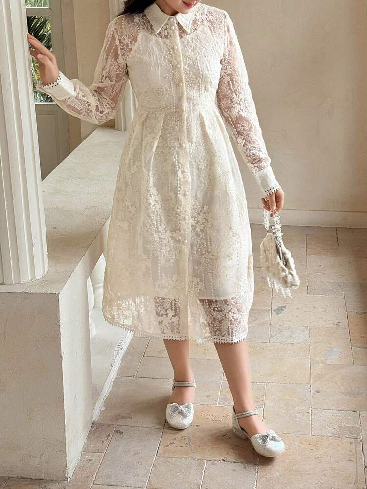 Tween Girl Lace Patchwork Solid Color Front Button Elegant Long Sleeve Dress