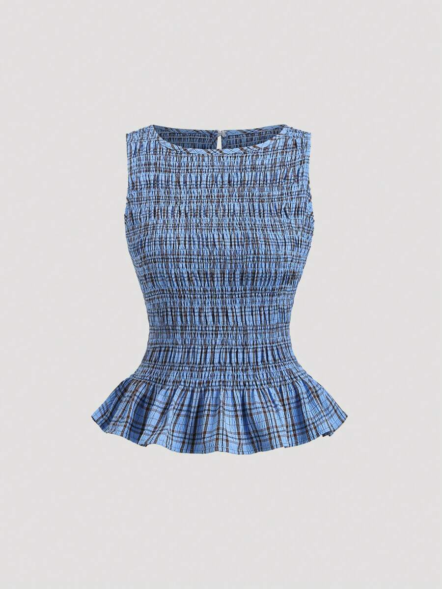 Sweetra Women's New Year, Summer , Halloween Costume, Christmas, Thanksgiving, New Arrivals, Spring/Summer/Autumn/Winter, Suitable For Party, Commute, Daily, Travel, Vacation, Summer Top, Elegant Party Blouse, Women Beach, Plaid Top, Cute Sweet Vacation, Waist Ruched Fitted Sleeveless Round Neck Ruffle Hem Top - Blue - View 1