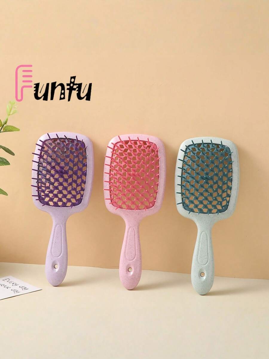 1PC Wide Tooth Comb Mesh Design Hollow Detangling Hair Brush Color Blocking For Wet Dry Hair Styling Salon Home Travel Hair Care Essentials - Pink - View 1