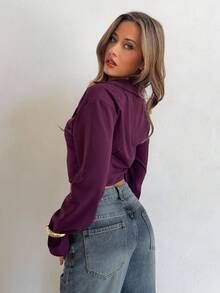 Aloruh Women's Solid Dark Purple Ruffled Collar Long Sleeve Shirt, Autumn/Winter Night Out Sexy - Burgundy - View 3