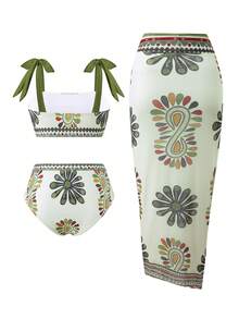 Swim Oasis 2026新款春夏女士三件套泳装，印花泳衣，短裤和裙子，优雅休闲海滩度假装 - 彩色 - 查看 2