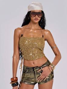 ROMWE Country Spring/Summer Avant-Garde Vacation Sexy Y2K Subculture Sequin Crochet Women Camisole - Mocha Brown - View 7
