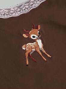 ROMWE J-Fashion Conjunto de top de camisola con bordado de ciervo lindo y shorts con estampado de ciervo para mujer - Marrón - Ver 9