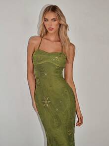 SHEIN ICON 女士优雅亮片刺绣露背连衣裙，夏季 - 綠色 - 查看 4