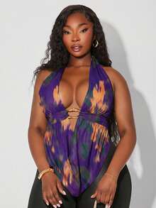 SHEIN SXY 大码女装春夏优雅性感日常百搭垂褶领露背吊带褶皱金属装饰上衣，适合日常穿着、西式服装、邮轮旅行、音乐节、演唱会等场合。 - 紫色 - 查看 4