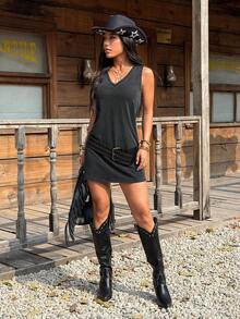 Muchica 黑色水洗宽松休闲女式连衣裙 - 黑色 - 查看 3