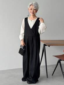 FRIFUL 女士V领褶皱休闲日常牛仔连体裤 - 黑色 - 查看 5