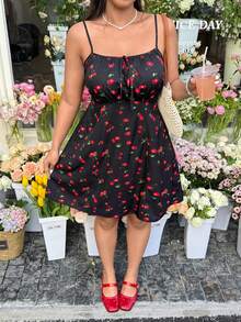 GalTyme Plus Size Women's Spring/Summer Cherry Print Twist Design Ruched Casual Party Slip Dress - Multicolor - View 3