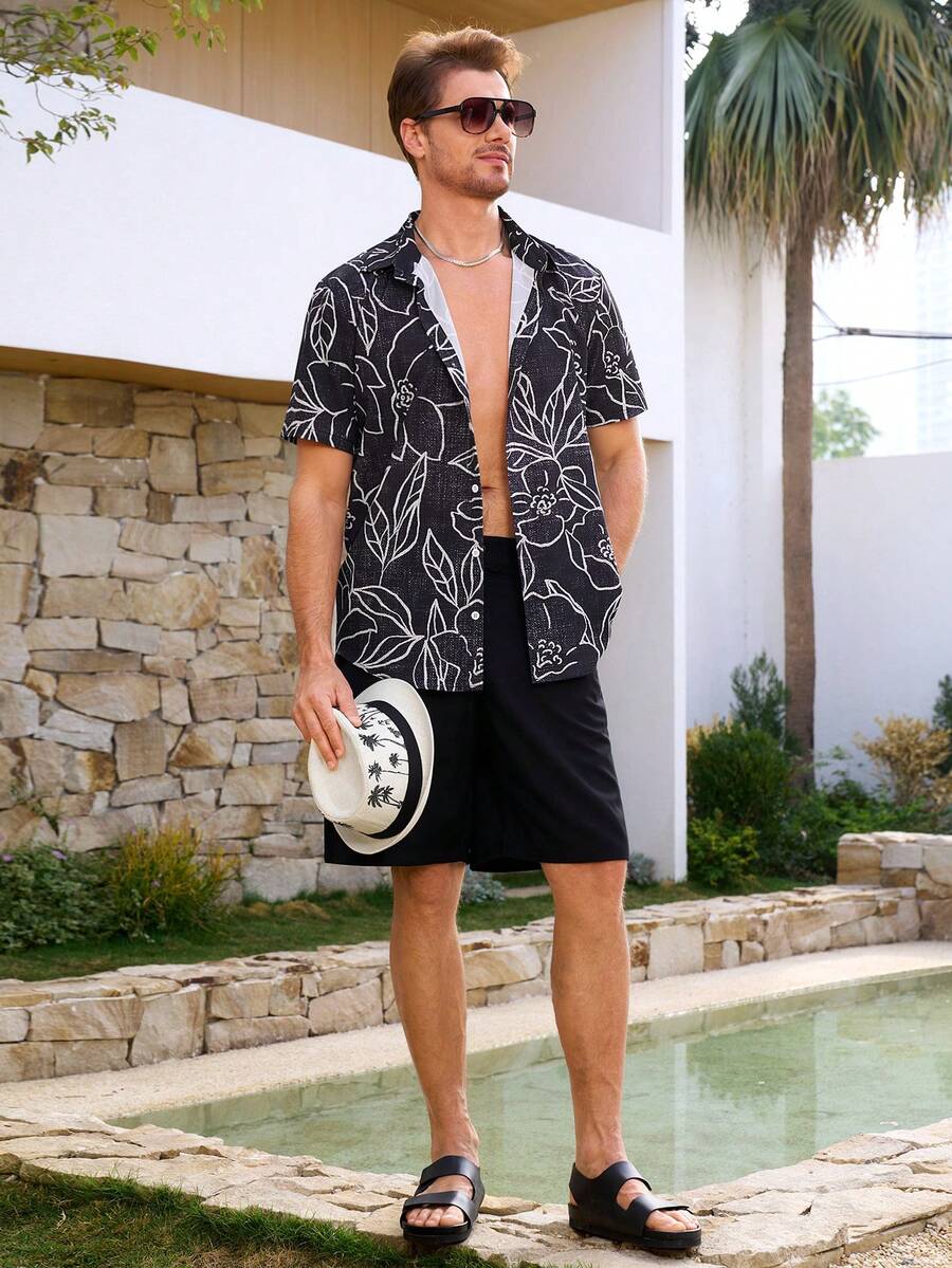 Manfinity CityGents 男士单排扣短袖休闲宽松衬衫 - 黑與白 - 查看 1