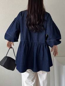 FRIFUL Áo sơ mi denim dáng rộng tay phồng, khóa kéo phía trước dành cho nữ - Màu xanh lam - Xem 4