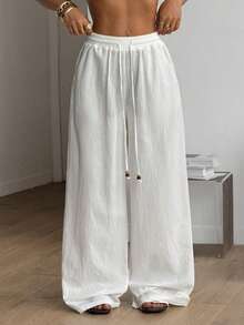 Coolane 女士夏季乡村音乐会外出海滩装扮波西米亚风简约水洗100%纯棉白色弧形裤脚裤 - 白色 - 查看 6