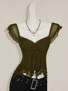 SHEIN ICON Women's Ruched Front Fitted Sexy Mesh Splice Cap Sleeve Backless Casual Vacation Cropped Tank Top - Army Green - View 5