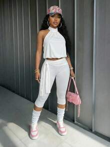 Slaydiva New Early Spring, Spring And Summer Music Festival, Valentine's Day, Easter Casual, Simple And Basic Style, Y2K Street Sweet, Best-Selling, Daily Date, Hot Girl Style, Sexy, Sporty And Stylish Style, Halter, Backless, Flower Bud Top, Sleeveless Vest + Tie, Bow, Waist, Seven-Inch Pants, Slimming Pants, White Set, Women's Two Pieces Set -A - White - View 6