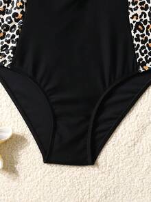 SHEIN Teen Girls One Piece Swimsuit,Leopard Print Patchwork Zipper Surf Suit,Full Coverage Conservative Bathing Suit For Summer Beach Holiday Vacation - Multicolor - View 3