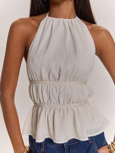 SHEIN BAE Áo nữ màu trơn xếp ly, buộc dây cổ, hở lưng, thời trang, đa năng, thích hợp mặc thường ngày.