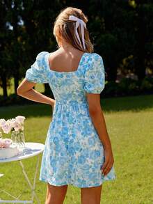 KARISMINA Đầm ngắn nữ thời trang, thanh lịch, lãng mạn in hoa, kiểu dáng đi nghỉ mát, màu xanh dương và trắng. - Xanh và trắng - Xem 3