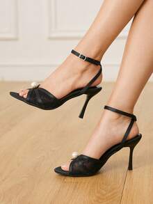 CUCCOO HITCHD Women Shoes Spring And Summer New Beige Lace Faux Pearl Peep Toe Ankle Strap Women's High Heel Sandals Fashion Comfortable Versatile Sexy Party Banquet Wedding Women's Sandals Peep Toe Sandals Wedding Shoes Summer Shoes - Embroidery thread black 1 # - View 2