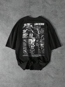 GENIUS ODE Áo thun nam cổ tròn dáng rộng in hình sứa, kiểu dáng thường ngày. - màu đen - Xem 1