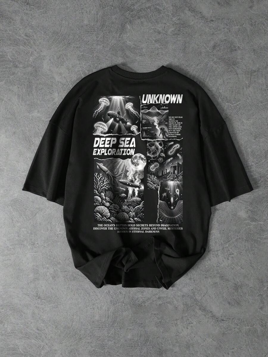 GENIUS ODE Áo thun nam cổ tròn dáng rộng in hình sứa, kiểu dáng thường ngày. - màu đen - Xem 1