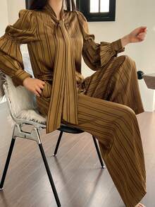 DAZY 2pcs Striped Pattern Loose Cardigan Shirt & Long Pants Pajama Set For Women, Autumn - Coffee Brown - View 4