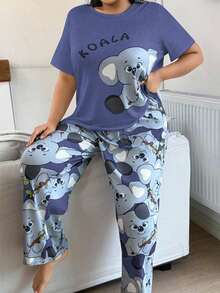 SHEIN 大码灰色牛奶丝针织考拉印花短袖睡衣套装 - 藍色 - 查看 5