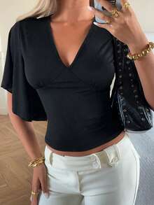 SHEIN EZwear Summer Elegant Women's Blouses  Women's Black V-Neck Ruffle Hem Fitted T-Shirt, Fashionable & Minimalist - Black - View 1