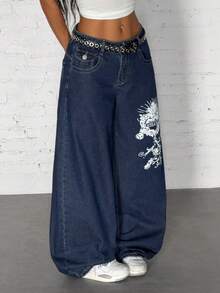 StreetHx 女士口袋纽扣字母图案休闲百搭日常穿着阔腿牛仔裤 - 深色水洗藍 - 查看 6