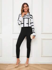 Editum Women's Long Sleeve Shirt And High Waisted Pants Set Spring Summer Elegant - Black and White - View 7