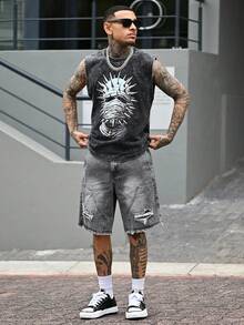 Devon Thys Áo tank top nam màu đen bạc, không tay, họa tiết ban nhạc punk rock metal, dáng ôm, phù hợp mặc hàng ngày, mùa xuân/hè. - màu đen - Xem 1