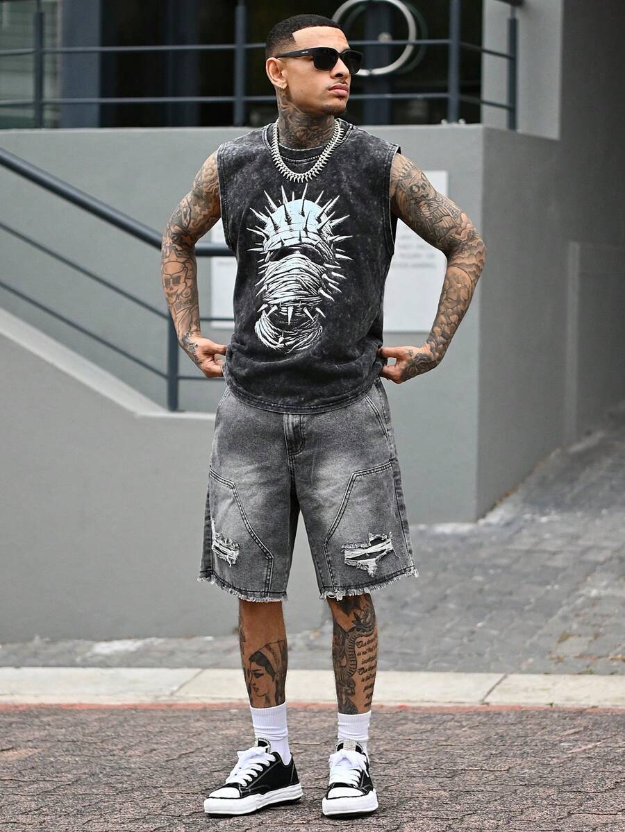 Devon Thys Áo tank top nam màu đen bạc, không tay, họa tiết ban nhạc punk rock metal, dáng ôm, phù hợp mặc hàng ngày, mùa xuân/hè. - màu đen - Xem 1