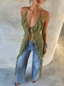 Aloruh Blusa de mujer con cuello halter de gasa sexy - Verde - Ver 5